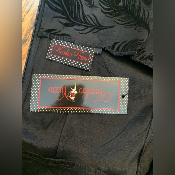 VOODOO VIXEN RETRO Dress Pin UP 50s  FEATHER FLOCKED Black Rockabilly Nwt Size L - Picture 8 of 9